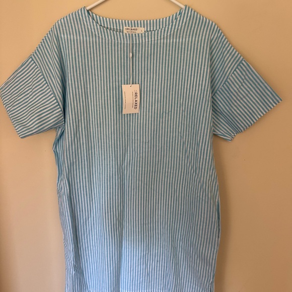 NWT- MSRP $70 Organic Cotton & Linen Paradise Aqua Stripe LARelaxed Shirt Dress - Picture 3 of 10
